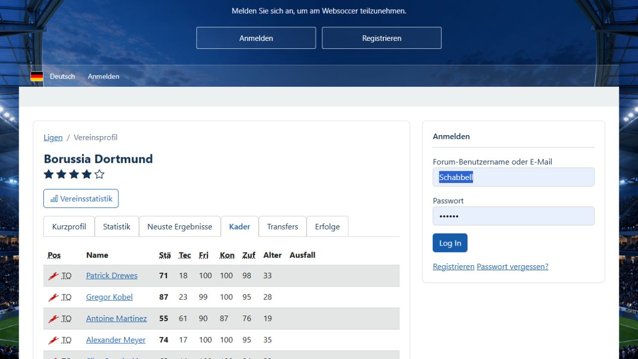 Öffentliche Kaderansicht aus dem Websoccer