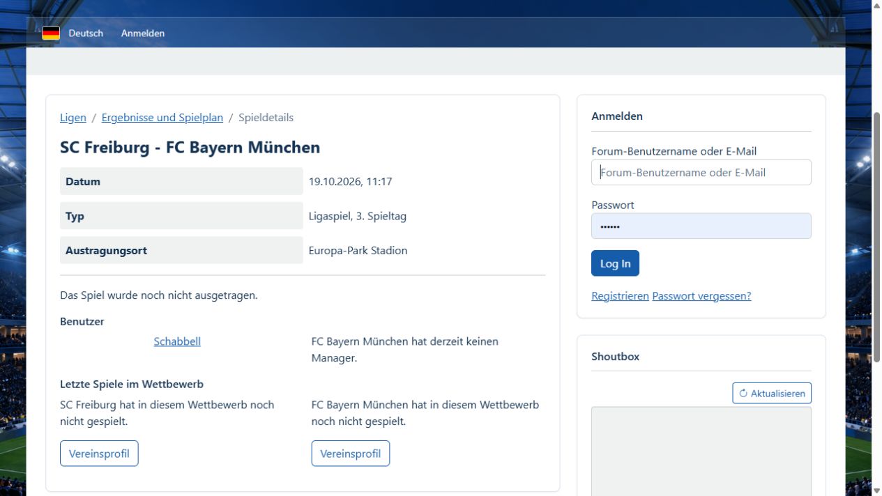 Öffentliche Spielansicht aus dem Websoccer